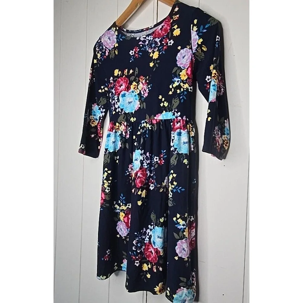 Justice Floral Fit and Flare Dress Kids Size 14‎ Navy Blue Cottagecore Spring
